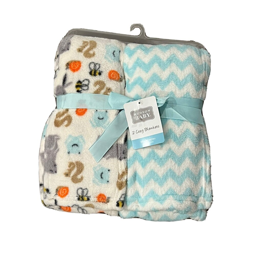 Hudson Baby 2 Cozy Blankets Frog Squirrel Bunny Bee Teal Blue Zigzag Fleece New